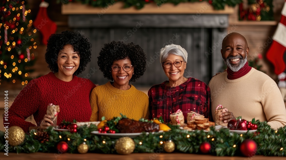 Multigenerational Family Celebrating Together with Joyful Expressions Surrounded by Vibrant Holiday Decorations and Warm Lighting. Multigenerational Family Celebrating Together with Joyful Expressions Surrounded by Vibrant Holiday Decorations and Warm Lighting.