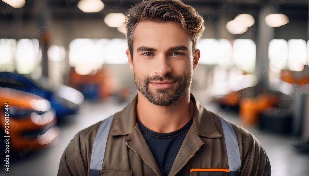 Smiling Auto Mechanic in Workshop Uniform Standing in a Modern Car Repair Garage with Bright Lighting and Blurred Background of Cars, Professionalism, Dedication, and Expertise in Vehicle Maintenance Smiling Auto Mechanic in Workshop Uniform Standing in a Modern Car Repair Garage with Bright Lighting and Blurred Background of Cars, Professionalism, Dedication, and Expertise in Vehicle Maintenance