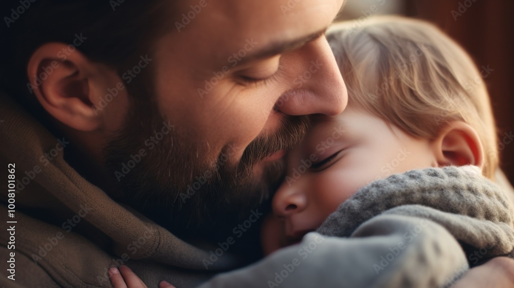 A tender close-up of a father and his young son embracing, showcasing warmth and love with serene expressions. A tender close-up of a father and his young son embracing, showcasing warmth and love with serene expressions.