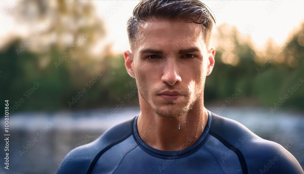 Focused Male Athlete with Wet Hair and Intense Expression Standing Outdoors on a Rainy Track, Ready for Competition in a Sports Jersey, Highlighting Determination, Fitness, and Athletic Performance Focused Male Athlete with Wet Hair and Intense Expression Standing Outdoors on a Rainy Track, Ready for Competition in a Sports Jersey, Highlighting Determination, Fitness, and Athletic Performance