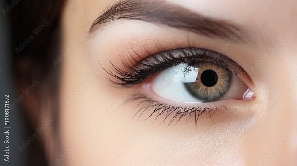Obraz premium A detailed close-up of a woman's eye, capturing the intricate texture and subtle makeup details with a focus on the eyebrow and eyelashes.
