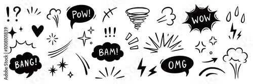 Comic boom cartoon effect line element set. Comic speech bubble pow, boom text, explosive splash smoke, wow cartoon vector icon. Hand drawn sketch doodle explosive element. Vector illustration.