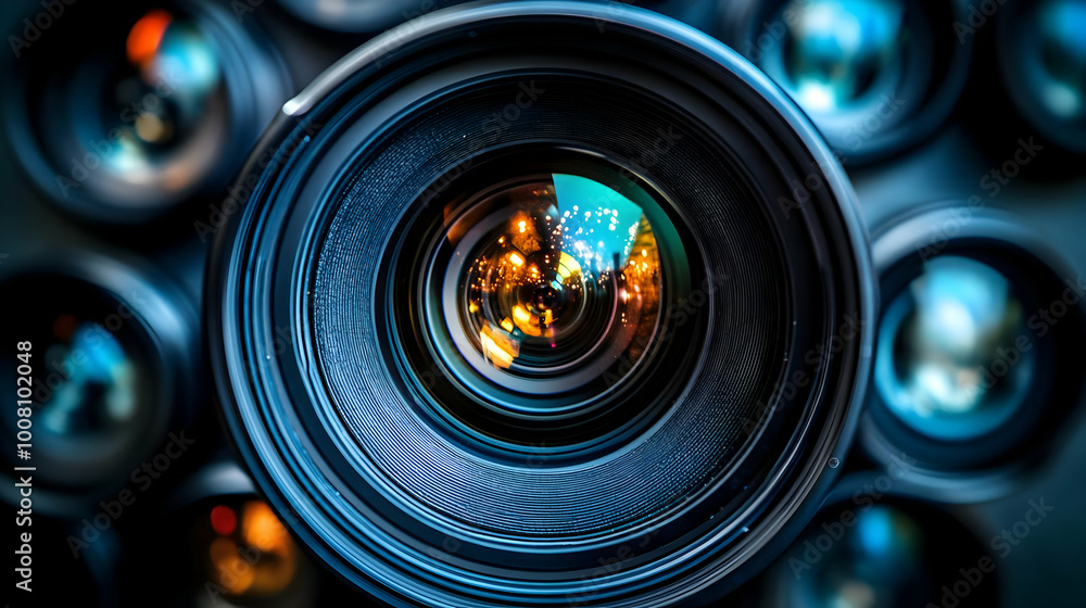 Close-up of a Camera Lens With Surrounding Lenses Out of Focus Close-up of a Camera Lens With Surrounding Lenses Out of Focus