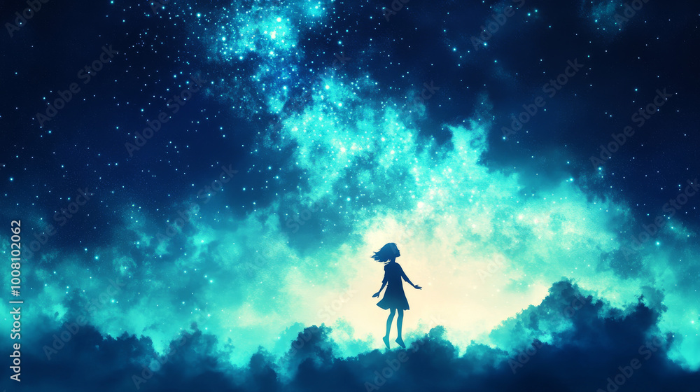 Silhouette of a young girl standing in a starry night sky. Silhouette of a young girl standing in a starry night sky.