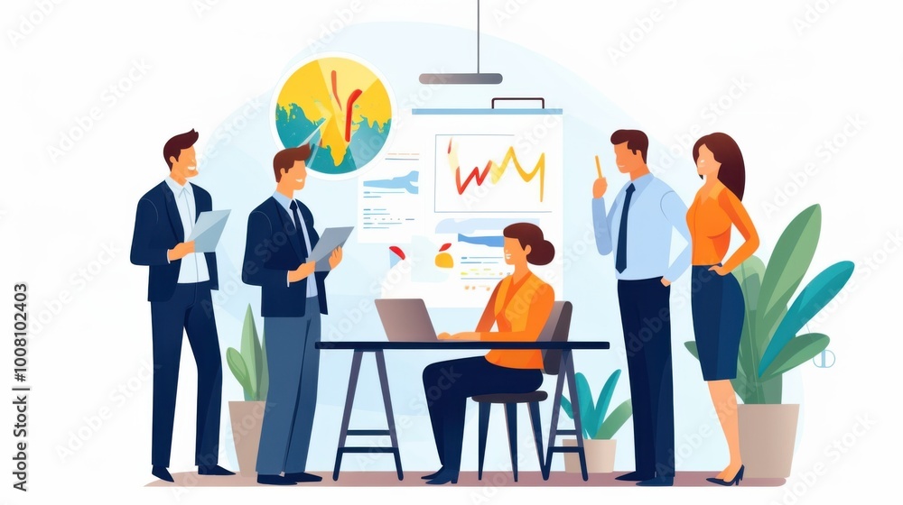 Professionals in a dynamic meeting discuss a business plan with charts and graphs, showcasing teamwork and strategy in a modern workspace. Professionals in a dynamic meeting discuss a business plan with charts and graphs, showcasing teamwork and strategy in a modern workspace.