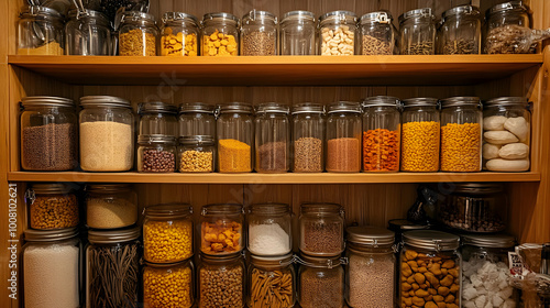 Glass Jars Filled With Grains and Legumes Neatly Arranged on Wooden Shelves