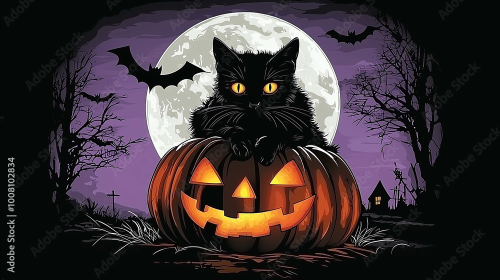 Mysterious Halloween Black Cat Slinking Through the Shadows, Silent and Stealthy Mysterious Halloween Black Cat Slinking Through the Shadows, Silent and Stealthy
