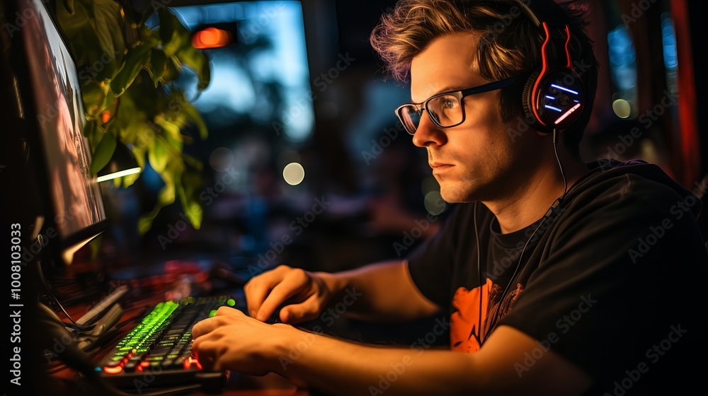 Focused gamer immersed in action during late-night gaming session in a dimly lit room Focused gamer immersed in action during late-night gaming session in a dimly lit room