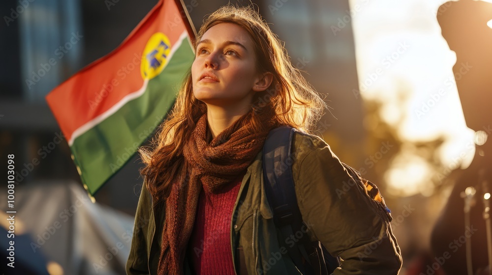 A young woman stands confidently in front of a flag, gazing into the distance with determination during a sunset. A young woman stands confidently in front of a flag, gazing into the distance with determination during a sunset.