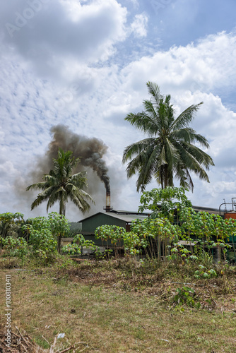 Industrial factory pollution from palm oil factory in Indonesia. Smoke coming out of the chimneys at the sunny day photo