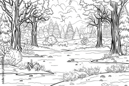 Coloring book illustration of a tranquil winter forest scene