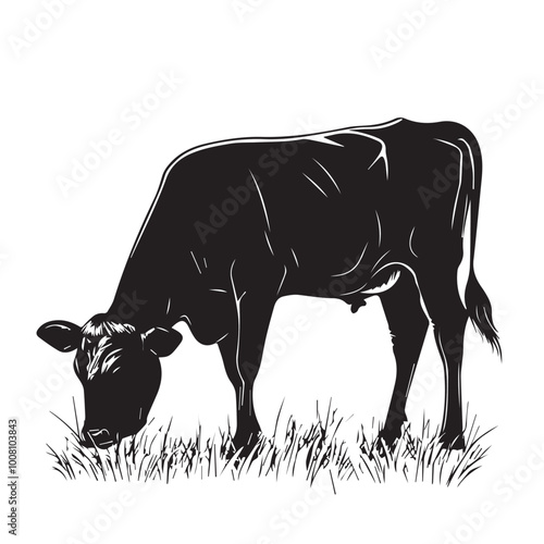Black silhouette of domestic cow grass eating on a white background vector illustration