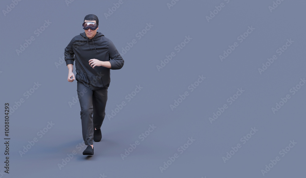 Man wearing VR glasses while running, technology and modern life concept, 3D rendering. Man wearing VR glasses while running, technology and modern life concept, 3D rendering.
