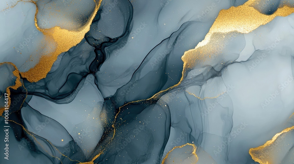 Obraz premium Closeup of gray and shiny golden alcohol ink abstract texture, perfect for trendy wallpaper or art for design projects like invitations, greeting cards, flyers, posters, and wrapping paper.