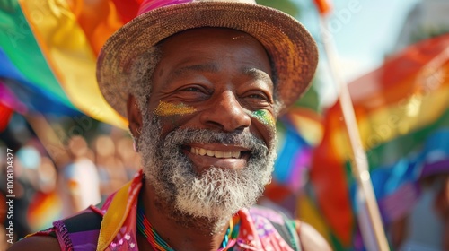 Joyful Man Celebrating at Vibrant Pride Parade with Rainbow Flags