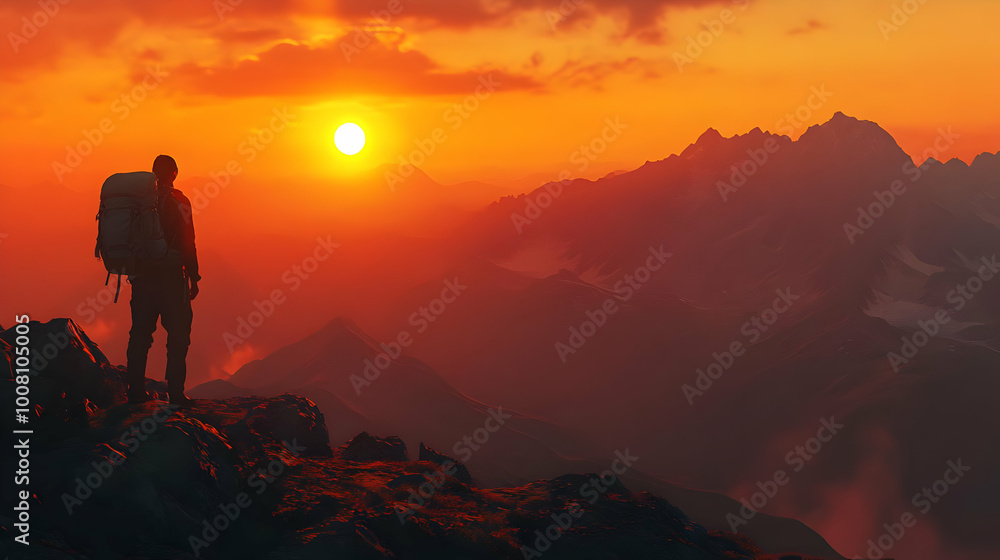 Sunset Over Mountain Range, Silhouette of Hiker with Backpack - 3D Illustration Sunset Over Mountain Range, Silhouette of Hiker with Backpack - 3D Illustration
