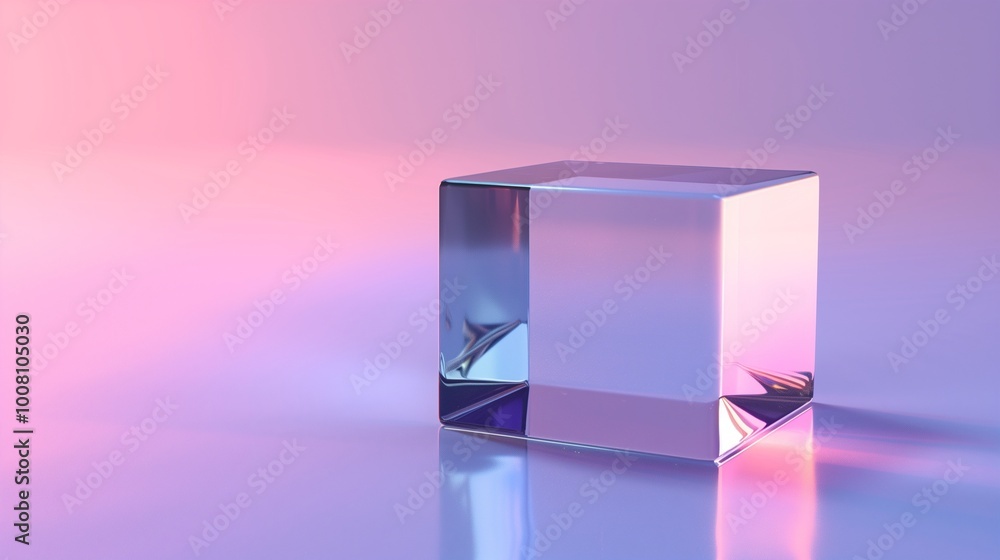 A single reflective cube on a minimalist background with a gradient of purples. A single reflective cube on a minimalist background with a gradient of purples.