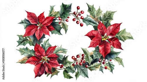 White background with red berries in a watercolor wreath for Christmas.