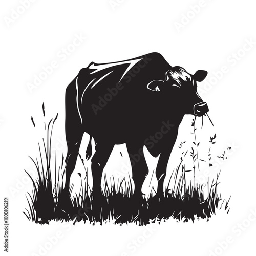 Black silhouette of domestic cow grass eating on a white background vector illustration