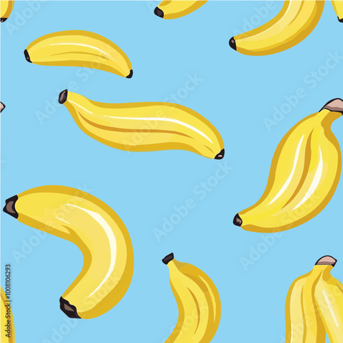 Fun vector pattern of yellow bananas on a sky blue backdrop, perfect for playful and tropical-inspired designs.