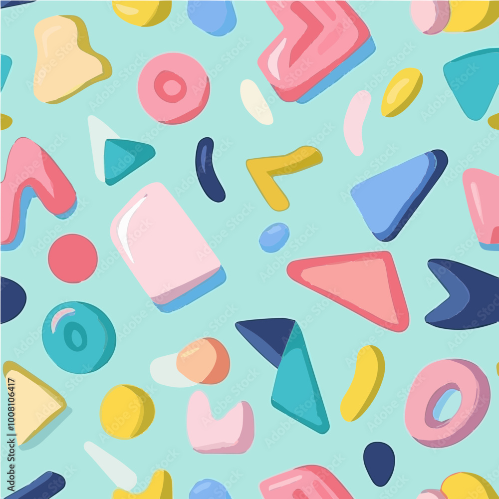 Cute cartoon geometric shapes in pastel colors on a light blue background. Perfect for kids' designs, playful patterns, and educational graphics. Cute cartoon geometric shapes in pastel colors on a light blue background. Perfect for kids' designs, playful patterns, and educational graphics.