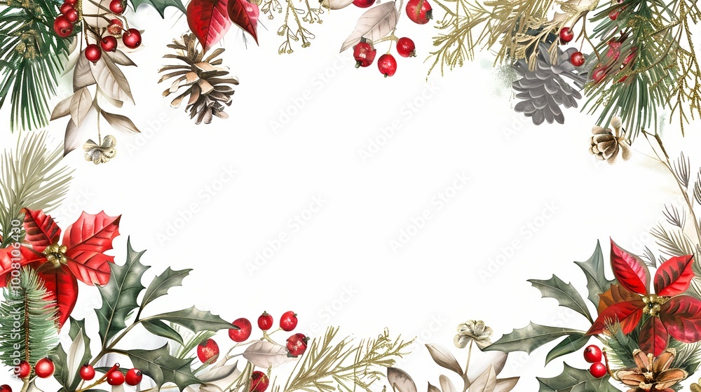 A white background with a red and green Christmas tree and red berries. Decorative watercolor frame for cards, invitations, banners A white background with a red and green Christmas tree and red berries. Decorative watercolor frame for cards, invitations, banners