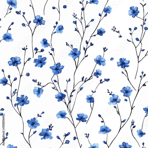 Seamless pattern of delicate blue flowers on white background. Ideal for textile designs, wallpapers, and stationary products.