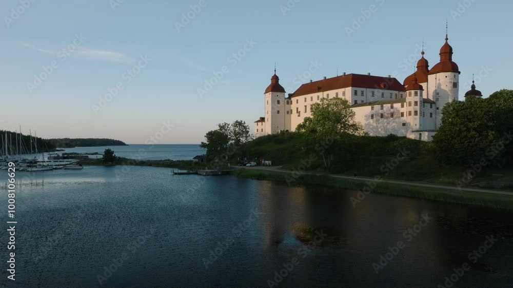 Drone ascend of Läckö castle in summer sunset Drone ascend of Läckö castle in summer sunset
