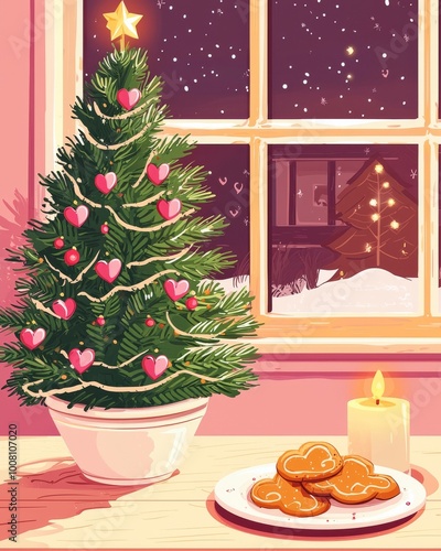 The setting of a mini Christmas tree with candles and butter cookies photo