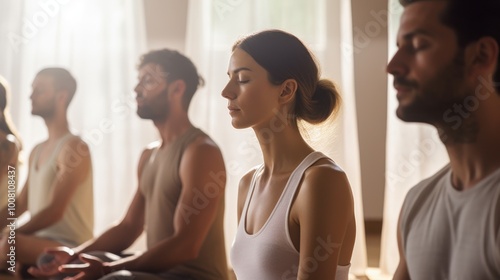 A serene meditation scene features individuals sitting peacefully with closed eyes, enveloped in soft natural light, embodying tranquility and mindfulness.