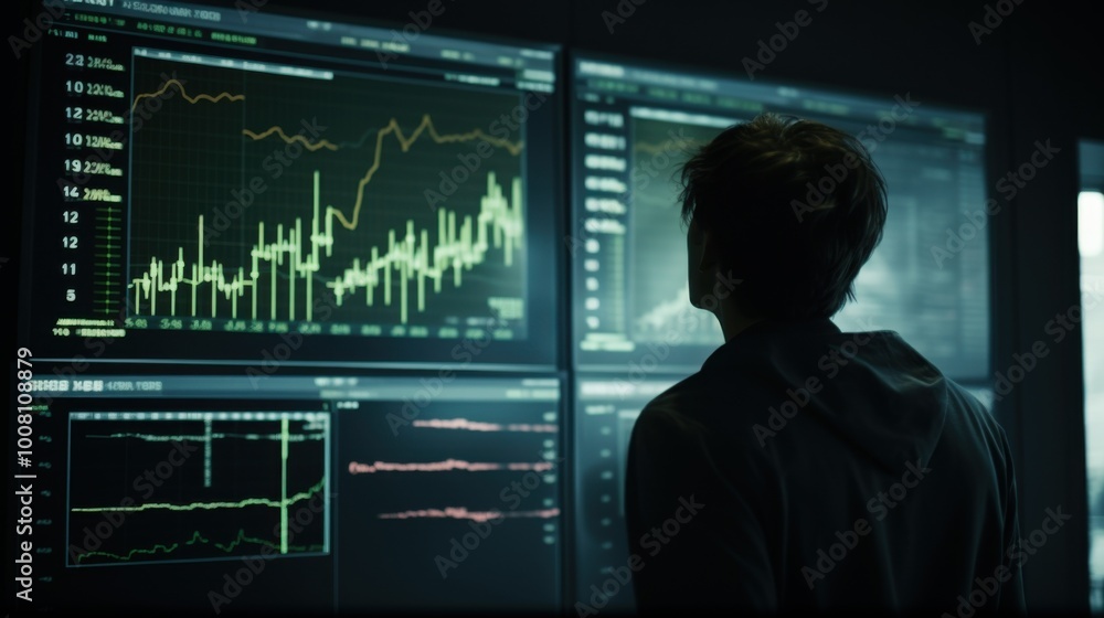 A person studies dynamic financial graphs on futuristic screens in a dim room, surrounded by a cold, analytical atmosphere. A person studies dynamic financial graphs on futuristic screens in a dim room, surrounded by a cold, analytical atmosphere.