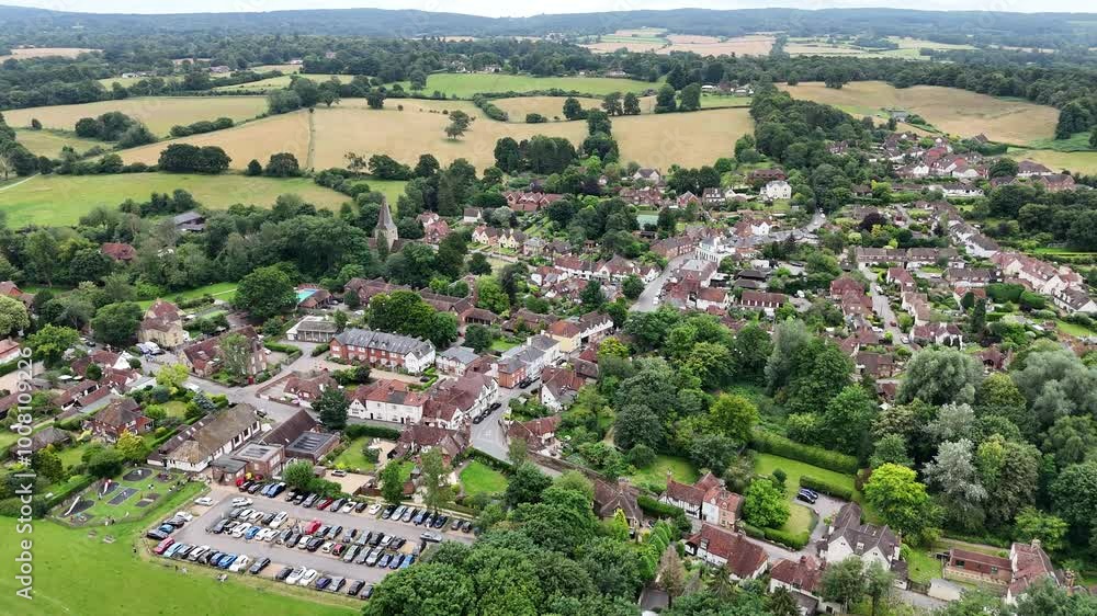 Panning drone aerial Shere Surrey UK quaint English Village Panning drone aerial Shere Surrey UK quaint English Village