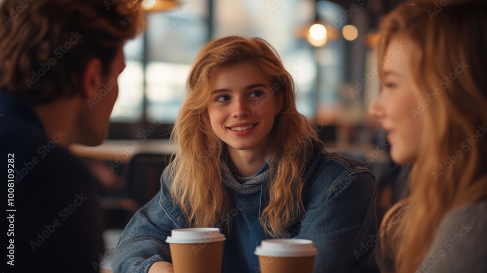 A friend group chatting animatedly with coffee cups in hand at a stylish cafe A friend group chatting animatedly with coffee cups in hand at a stylish cafe