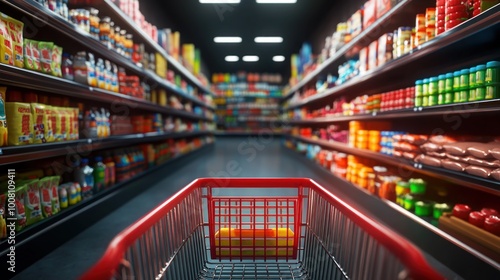 A grocery store aisle with a shopping cart, showcasing various food products on shelves.