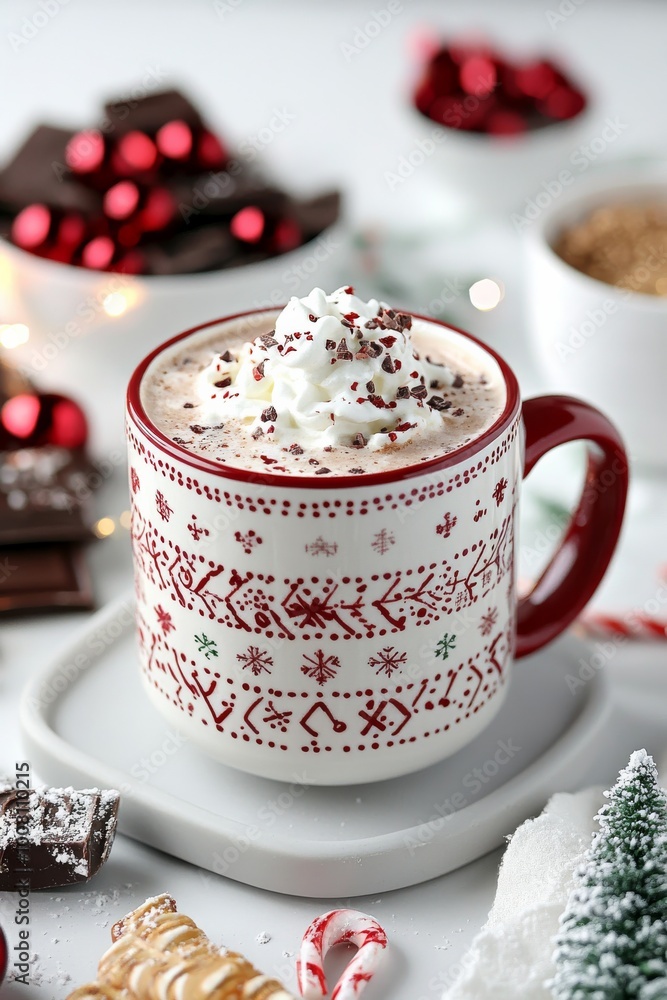 A cozy holiday mug filled with warm cocoa and topped with whipped cream, surrounded by festive decorations and candy canes for Christmas. A cozy holiday mug filled with warm cocoa and topped with whipped cream, surrounded by festive decorations and candy canes for Christmas.