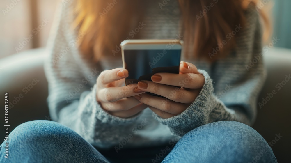 A person holding a smartphone, wearing a cozy sweater, sits comfortably while engaging with their device in a warm and inviting environment. A person holding a smartphone, wearing a cozy sweater, sits comfortably while engaging with their device in a warm and inviting environment.