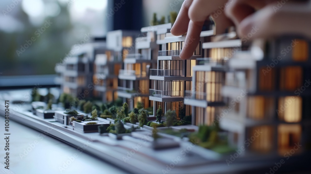A detailed architectural model showcases modern buildings with intricate designs, surrounded by landscaped greenery and illuminated windows, emphasizing attention to detail. A detailed architectural model showcases modern buildings with intricate designs, surrounded by landscaped greenery and illuminated windows, emphasizing attention to detail.
