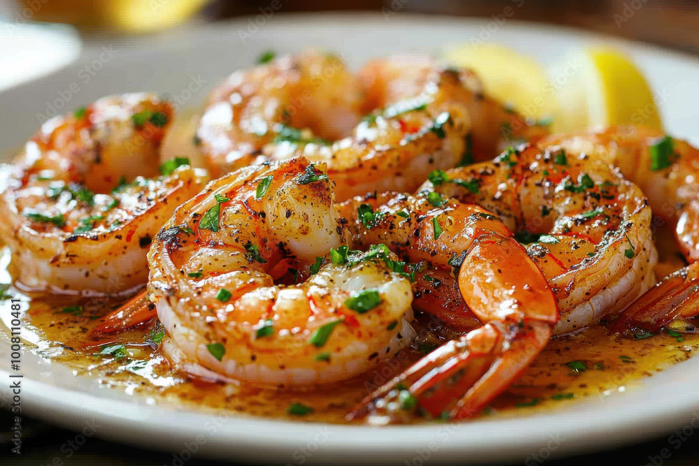 jumbo prawns in butter and garlic sauce. AI generative. jumbo prawns in butter and garlic sauce. AI generative.