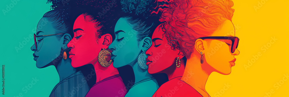 Five women with diverse hairstyles stand in profile, creating a vibrant and colorful display of female empowerment. Five women with diverse hairstyles stand in profile, creating a vibrant and colorful display of female empowerment.