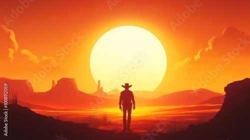 Lone Cowboy Silhouette Walking Toward a Fiery Sunset in the Vast Wild West Desert