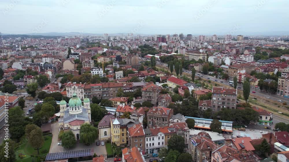 Sofia Bulgaria. Aerial View of Downtown Neighborhood Buildings, Church and Boulevard Traffic Sofia Bulgaria. Aerial View of Downtown Neighborhood Buildings, Church and Boulevard Traffic
