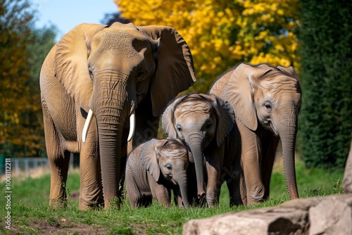 A family of elephants grazing together in the sanctuary, with the sunlight creating a golden glow on the grass and trees around them. photo