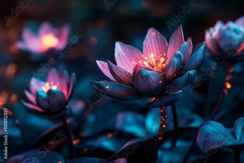 A fantasy meadow where flowers grow in vibrant, enchanted colors, with glowing petals and ethereal light illuminating the scene, creating a mystical vision of flora