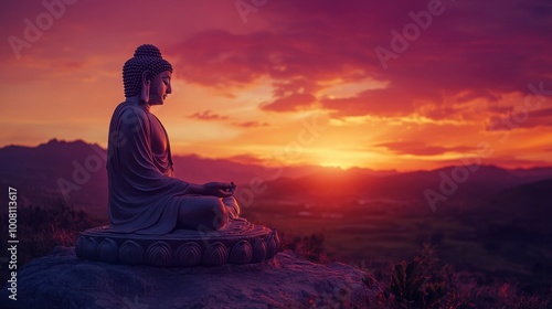 A beautiful shot of a Buddha statue at sunset, with the sky glowing in shades of orange and purple.