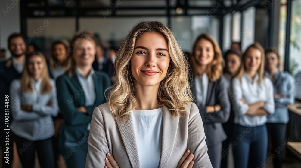 Obraz premium Confident businesswoman smiling with arms crossed in front of business team