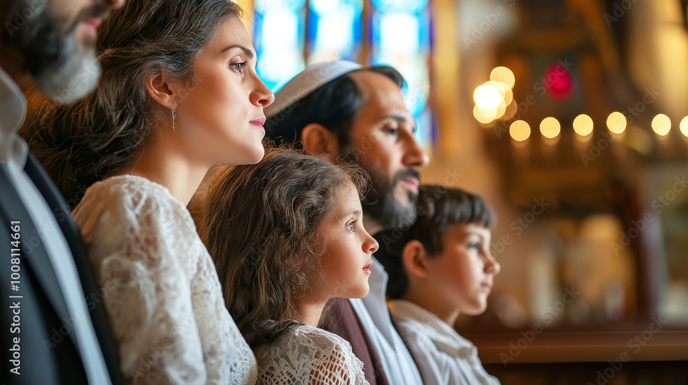 Fototapeta premium Jewish Family attending spiritual ceremony in synagogue