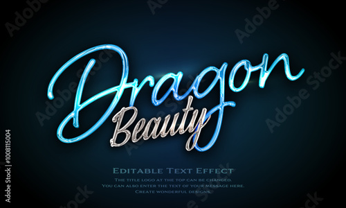 ”Dragon Beauty” chrome metallic editable title logo text style effect, with seamless and light blue, blue antique glass holographic background. cursive script, script, handwritten,handwriting typeface