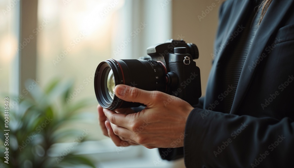 Close-up of a professional camera in the hands of a photographer in a bright indoor setting Close-up of a professional camera in the hands of a photographer in a bright indoor setting