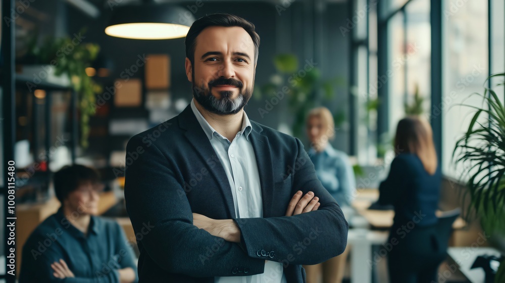 a manager Confident businessman smiling with crossed arms in busy office setting a manager Confident businessman smiling with crossed arms in busy office setting