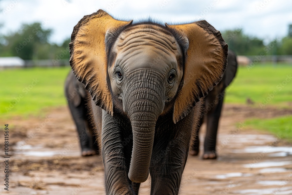Fototapeta premium A group of rescued elephants walking peacefully together, their gentle presence captured in the open sanctuary space, with green fields stretching out ahead.